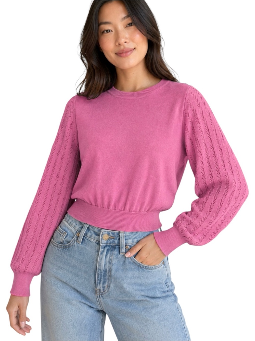 CRUSH Pink Chevron Sleeve Cropped Sweater Top Small